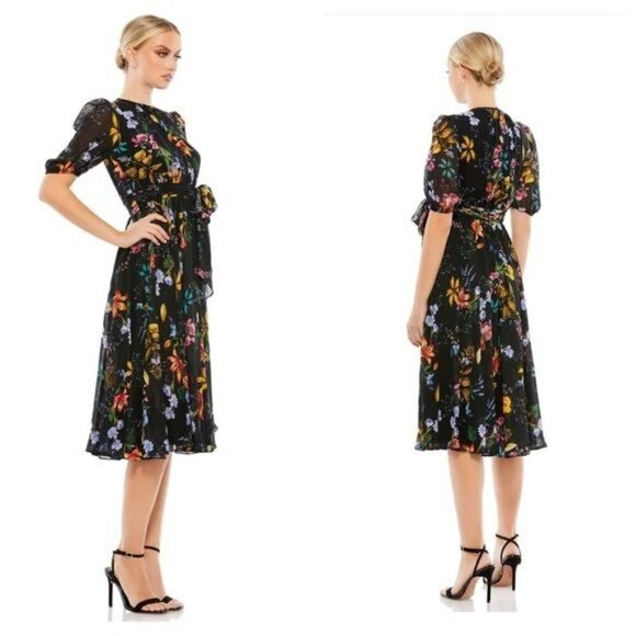 Ieena Mac Duggal 55625 Belted Black Floral Chiffon Midi Dress Sz. 2 NWT Colorful - Picture 1 of 6